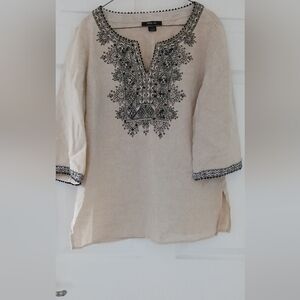 Embroidered 100% Linen Cream Tunic Top
